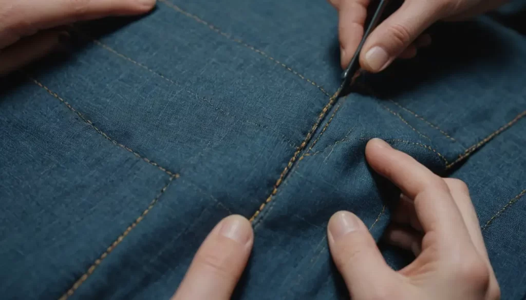 Una persona cosiendo costuras hacia un bloque de tela reversible.