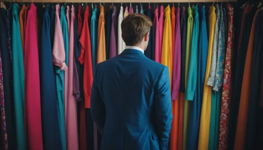 Una persona se encuentra frente a un vestuario colorido