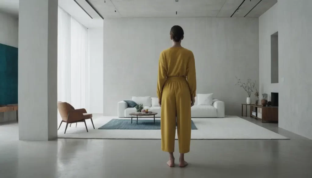 Una figura de tela de un solo color de pie en un espacio interior minimalista con detalles textiles audaces.