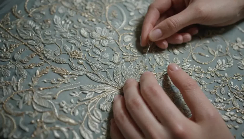 Las manos coser o bordar intrincadamente múltiples diseños decorativos en una sola prenda de tela.