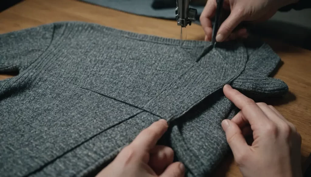Una persona cortando y cosiendo piezas de tela camiseta en la forma de un suéter.