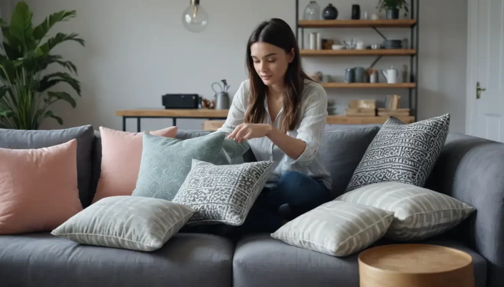 Una mujer que organiza cojines en un elegante y moderno interior casero.